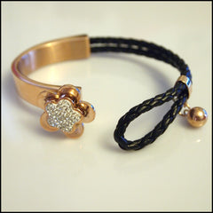 Leather Half Cuff Flower Bracelet Rose Gold on Black - Find Something Special