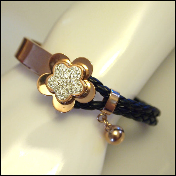 Leather Half Cuff Flower Bracelet Rose Gold on Black