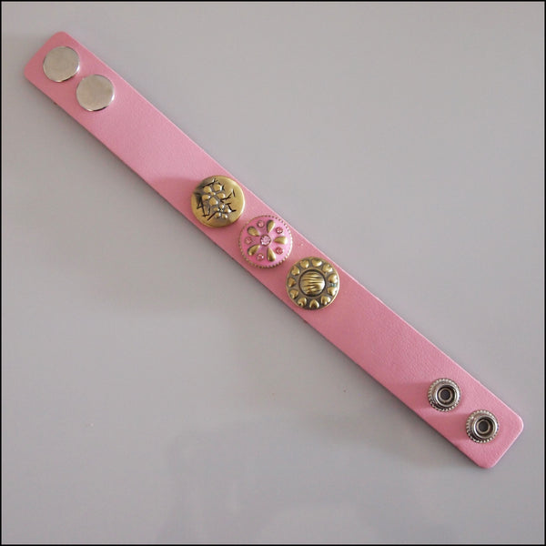 Wide Leather 3 Snap Bracelet Pink - Set 3
