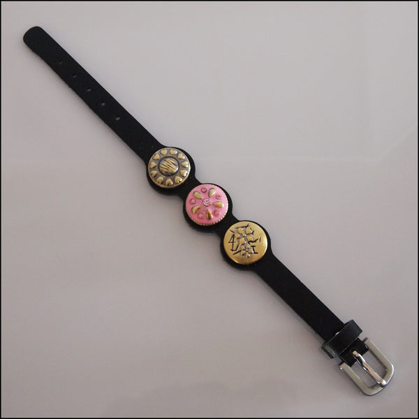Thin Leather 3 Snap Bracelet with Buckle Black - Set 3