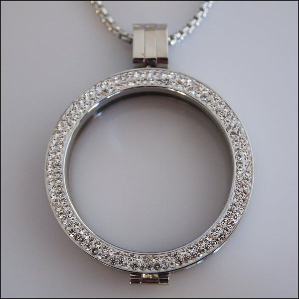 Double Crystal Coin Holder Pendant - Silver